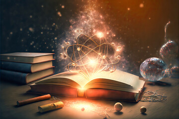 Detailed holographic view of atoms and molecules wrapped in an open book. Warm historical atmosphere for the study and learning of science. - obrazy, fototapety, plakaty