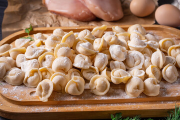 semi-finished products, dumplings with minced chicken, on a black background