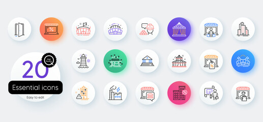 Simple set of Building warning, Delivery market and Market line icons. Include Plan, Distribution, Arena stadium icons. Sports arena, Lighthouse, Skyscraper buildings web elements. Vector