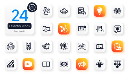 Set of Business flat icons. T-shirt, Receive file and Biometric eye elements for web application. Remove image, Safe water, Video camera icons. Ceiling lamp, Megaphone, Vip timer elements. Vector