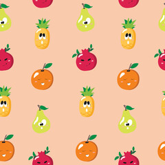 Cute seamless pattern with cartoon fruits and berries - orange, pear, pineapple and pomegranate. Illustration for cards, posters, flyers, webs and other use.