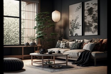 Japandi and modern style living room interior 