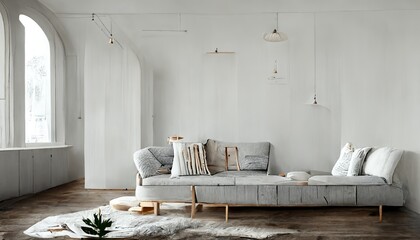 Stylish and scandinavian living room interior of modern apartment 
