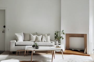 Nordic style living room interior with a white sofa and plants 
