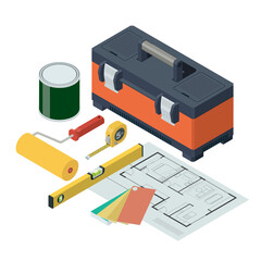 Home renovation and painting isometric tools and house project, white background © stokkete