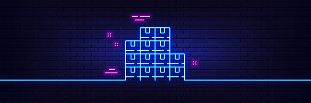 Neon light glow effect. Wholesale inventory line icon. Warehouse boxes sign. Logistic goods symbol. 3d line neon glow icon. Brick wall banner. Wholesale inventory outline. Vector