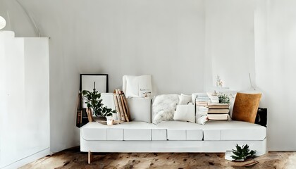 Modern Scandinavian decor of living room with design sofa interior 