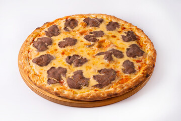 pizza with meat and cheese. on a white background
