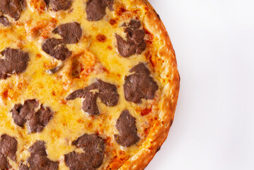 pizza with meat and cheese. on a white background