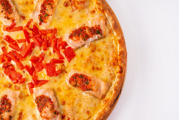pizza with fish, tomatoes and cheese. on a white background