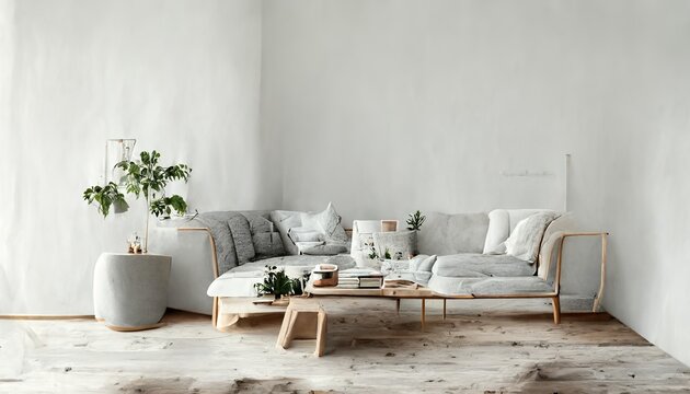 View of modern scandinavian style interior with sofa and coffee table, minimalism concept