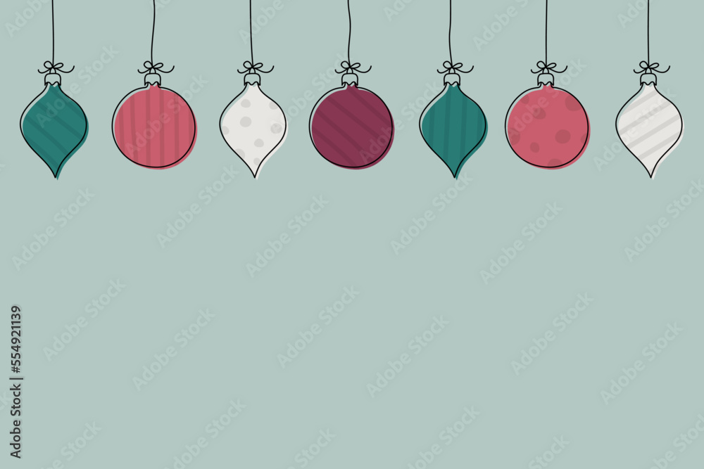 Wall mural empty card with hanging christmas balls. xmas concept. vector