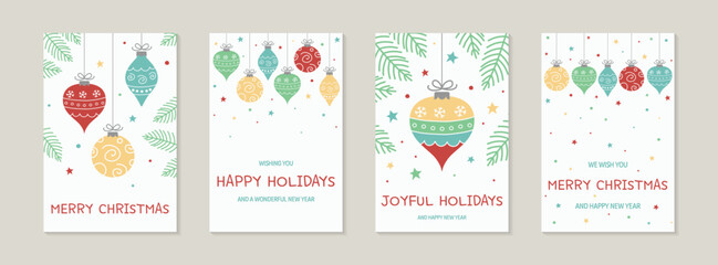 Fototapeta na wymiar Hanging Christmas balls. Greeting cards with wishes - collection. Vector illustration
