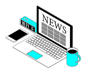 Business desktop with laptop and financial news website on the screen, isometric 3D illustration