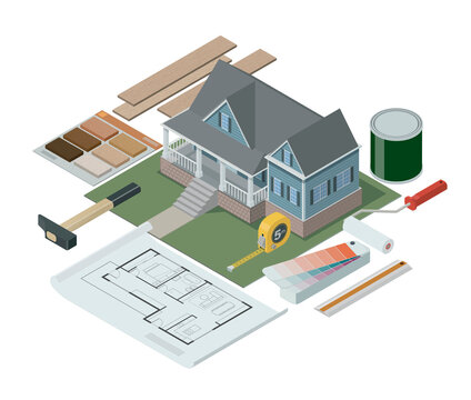 Home makeover and DIY: isometric tools and model house on a desk, 3D illustration