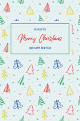 Colourful Christmas trees. Greeting card with decorations. Vector illustration