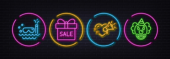 Love message, Scuba diving and Sale offer minimal line icons. Neon laser 3d lights. Clown icons. For web, application, printing. Heart, Trip swimming, Gift box. Funny performance. Vector