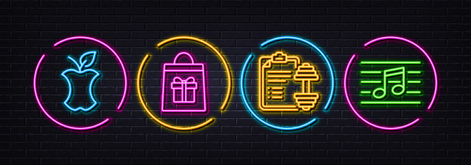 Dumbbell, Holidays shopping and Organic waste minimal line icons. Neon laser 3d lights. Musical note icons. For web, application, printing. Training plan, Gifts bag, Leftover food. Music. Vector