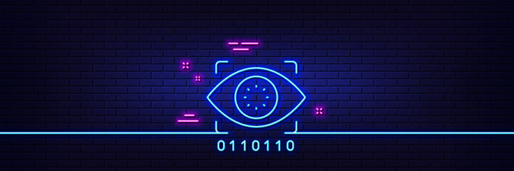 Neon light glow effect. Artificial intelligence line icon. Retinal access sign. Privacy secure symbol. 3d line neon glow icon. Brick wall banner. Artificial intelligence outline. Vector