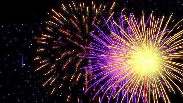 Big cartoon Fireworks with flashes of rainbow colors on a black screen. Festive animation of pyrotechnics in 4k with alpha channel. Stock video concept of victory, holiday, Christmas, New Year.