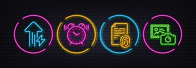 Alarm clock, Energy growing and Fingerprint minimal line icons. Neon laser 3d lights. Photo camera icons. For web, application, printing. Time, Power usage, Document secure. Image photography. Vector