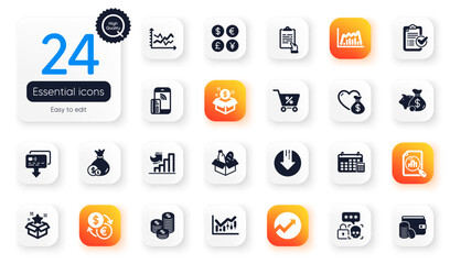 Set of Finance flat icons. Growth chart, Food donation and Infographic graph elements for web application. Card, Special offer, Contactless payment icons. Donation, Analytics graph. Vector