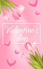 Valentines day sale pink romantic background with 3d realistic flowers, tulips template. Realistic 3d hearts design. Vector illustration. For wallpaper, flyer, invitation, poster, brochure, banner.