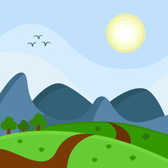 Landscape with mountains, fields, trees and road. Nature park outdoor background. Vector illustration in flat style.