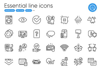 Account, Eye and 5g wifi line icons. Collection of Calendar, Confirmed flight, Verify icons. Food delivery, Unknown file, Talk bubble web elements. Move gesture, Get box, Floor lamp. Vector