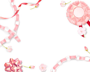 薄いピンク色のかわいい桜と折り紙の輪っか飾りとメダルー白バックフレーム背景素材