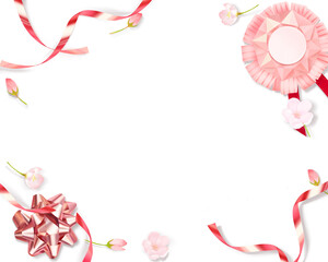 Fototapeta na wymiar 薄いピンク色のかわいい桜と折り紙の輪っか飾りとメダルリボンー白バックフレーム背景素材