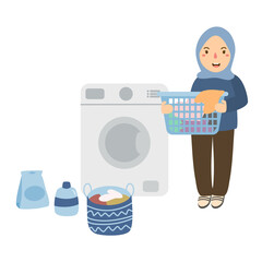 woman hijab laundry and washing clothes