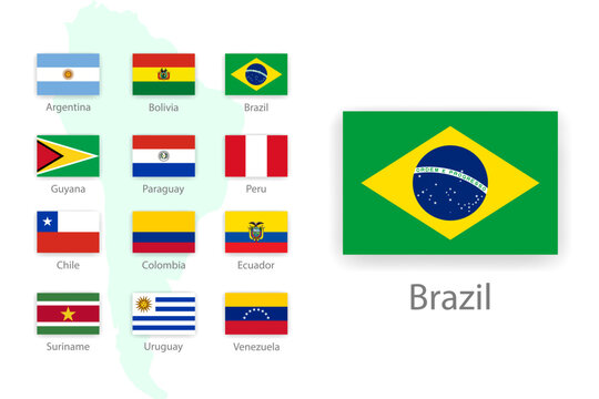 Set of flags of South American countries in proportion 2:3 with names and shadow