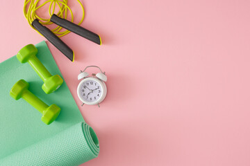 Sports accessories concept. Top view composition of green exercise mat, dumbbells, skipping rope and alarm clock on pastel pink background with copy space. Minimal fitness idea.