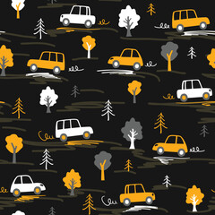 Children seamless pattern with cars and trees in hand drawn flat style. Endless fun cartoon kids ornament for fabric and fashion textile pint. Vector background. © Алексей Панков