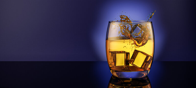 Glass of scotch on the rocks whisky / brandy and ice cubes splash splashing back lit against a blue background