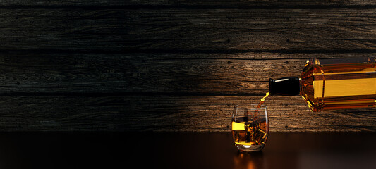 bottle of whisky / brandy being poured pouring into a glass with ice cubes scotch on the rocks backlit against a wood wooden board background