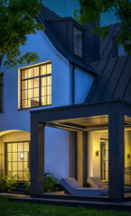 3d rendering of cute cozy white and black modern Tudor style house with parking  and pool for sale or rent with beautiful landscaping. Fairy roofs. Clear summer night with many stars on the sky.