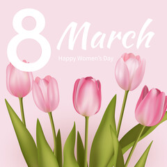 8 March greeting banner with pink realistic tulip flower bouquet background. Poster, flyer, greeting card, website header vector Illustration. Template for advertising, web, social media pastel pink.