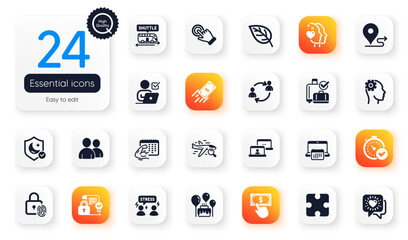 Set of Business flat icons. Search flight, Outsource work and Journey elements for web application. Fitness calendar, Touchscreen gesture, User communication icons. Fingerprint lock. Vector