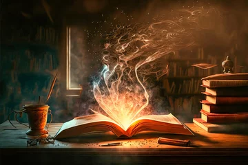 Foto auf Leinwand Un ancien grimoire magique ouvert enveloppé par des étincelles et des fumées qui s'en échappent. Une bibliothèque enchantée, parfaite pour illustrer tout sort mystique. © XaMaps