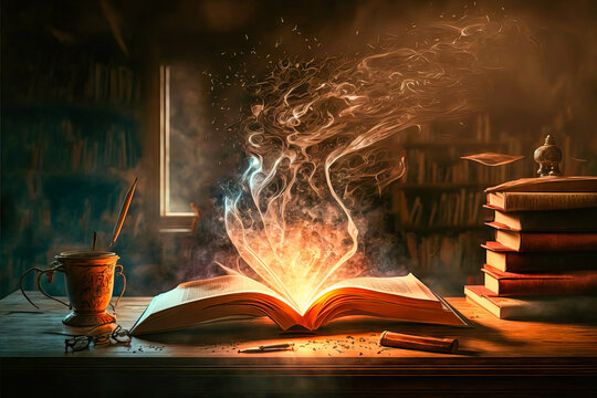 Un ancien grimoire magique ouvert enveloppé par des étincelles et des fumées qui s'en échappent. Une bibliothèque enchantée, parfaite pour illustrer tout sort mystique.