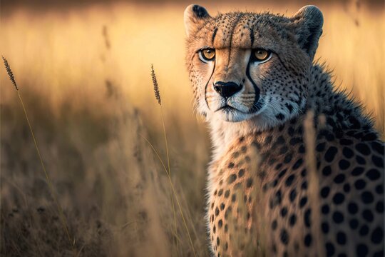cheetah in the savannah Generative AI wildlife shot with copy space