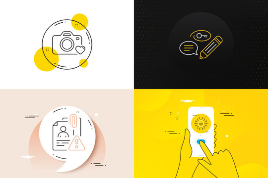 Minimal set of Photo camera, Cyber attack and Search employee line icons. Phone screen, Quote banners. Keywords icons. For web development. Love photos, Hacker skull, Cv warning. Vector