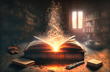 Aged book of magic open emitting magical sparks and smoke, evoking an ancient and fantastical library. Perfectly suited for magical themes. - obrazy, fototapety, plakaty
