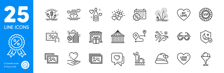 Fototapeta premium Outline icons set. Fireworks, Heart and Sunglasses icons. Luggage belt, Shopping bags, Ice cream web elements. Discount coupon, Gift shop, Love you signs. Airplane travel. Vector