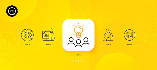 Fototapeta na wymiar Business idea, Difficult stress and Fake news minimal line icons. Yellow abstract background. Teacher, Cyber attack icons. For web, application, printing. Vector