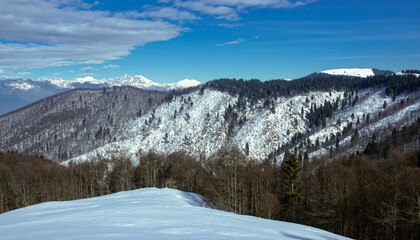 Winter in the Prealps. Postcard panoramic landscape. Photographed in Combai, Treviso, Italy.