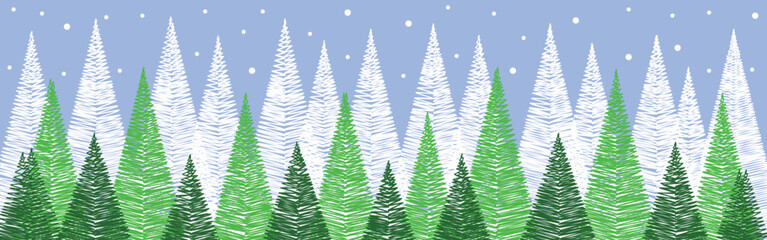 Design of winter banner. Hand drawn Christmas trees. Vector illustration