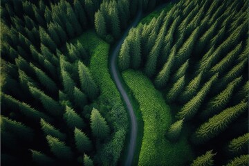 Aerial shot of path in the forest Generative AI wildlife shot with copy space